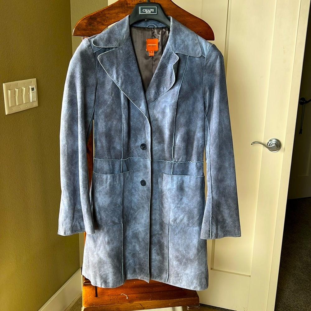 Blue leather jacket… knee length